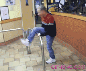 spins around on railing at Taco Bell
